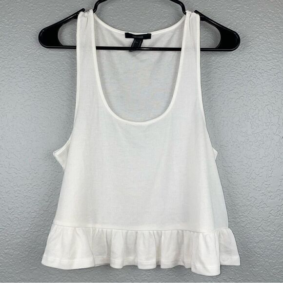 Forever 21 Womens Scoop Neck Sleeveless Ruffle Hem Ribbed Tank Top White Large - Picture 2 of 5